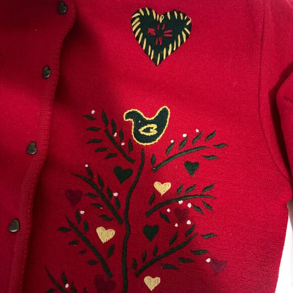TALBOTS VTG 100% Wool Embroidered Hearts Birds Apple Beaded Cardigan Size L - Picture 10 of 15